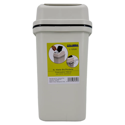 Front view of the Columbia L-12520 6-liter waste bin, featuring a durable white polypropylene body and a secure swing-top lid for easy disposal.