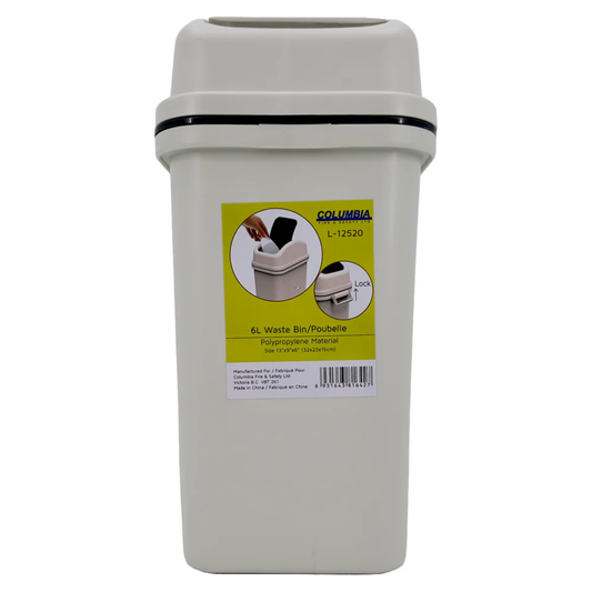 Front view of the Columbia L-12520 6-liter waste bin, featuring a durable white polypropylene body and a secure swing-top lid for easy disposal.