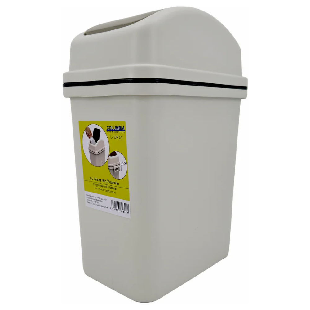 Perspective view of the Columbia L-12520 6-liter waste bin with a swing-top lid and high-quality polypropylene construction for sanitary disposal.