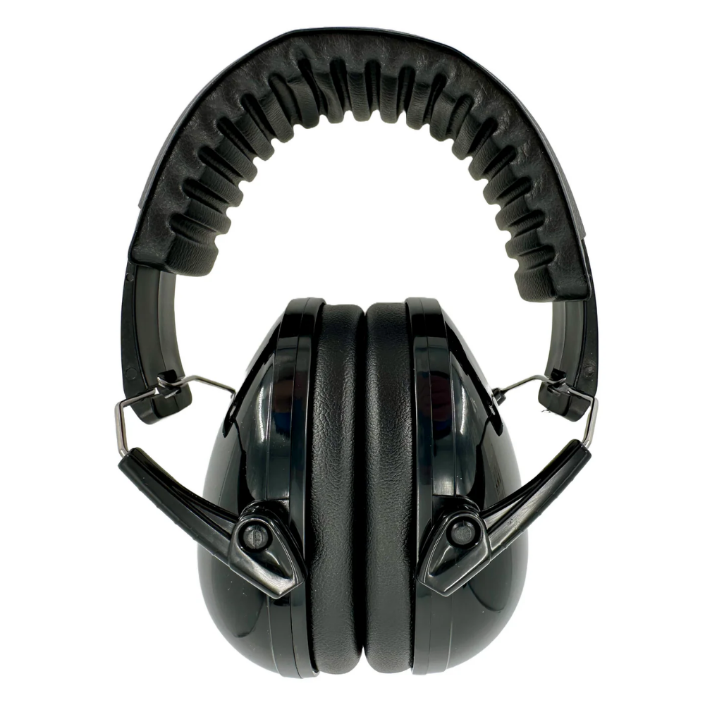 Front view of open black over-head style safety ear muffs highlighting the textured comfort headband
