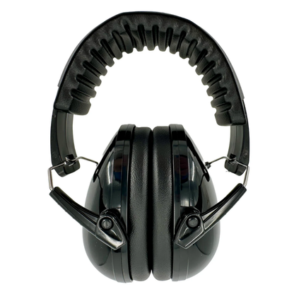Front view of open black over-head style safety ear muffs highlighting the textured comfort headband