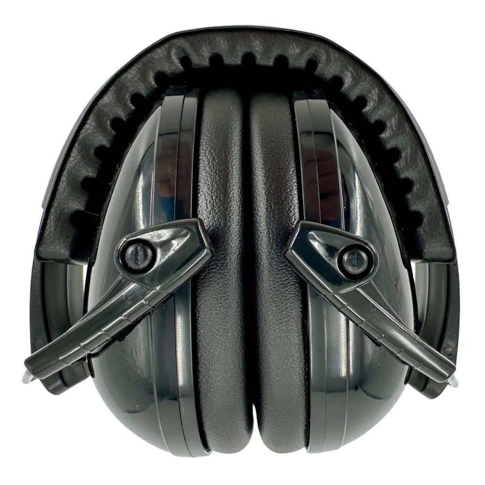 Folded compact view of black Columbia Fire & Safety protective ear muffs with cushioned paddin