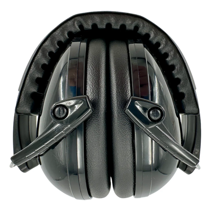 Folded compact view of black Columbia Fire & Safety protective ear muffs with cushioned paddin