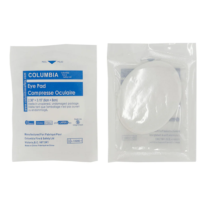 Alt Text: Front and back view of an individually wrapped Columbia single-use sterile eye pad compress, detailing the blue brand label, dimensions, and clear plastic backing.