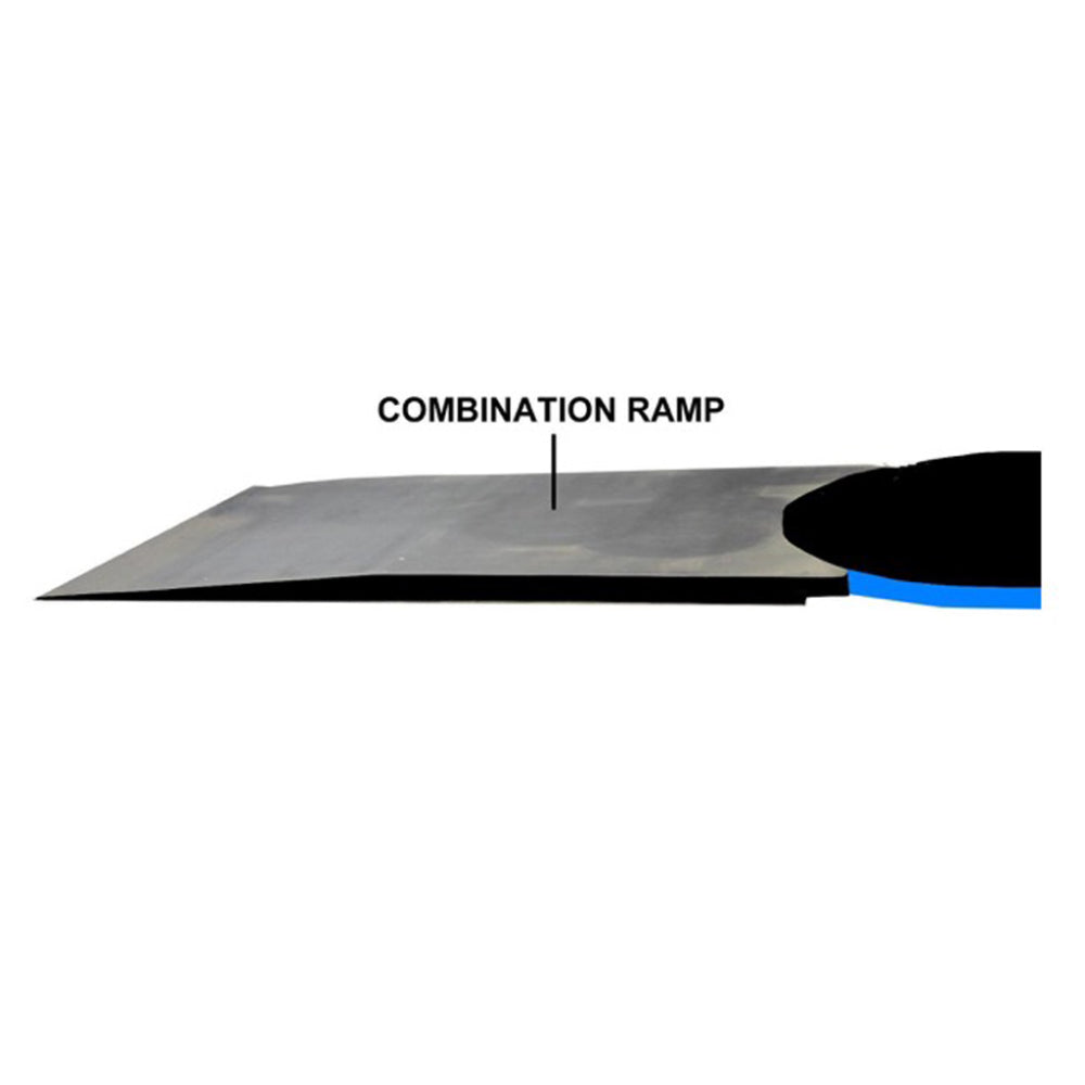 A side-profile view of a heavy-duty black steel combination loading ramp attached to a low-profile pallet wrapper turntable, labeled with text.