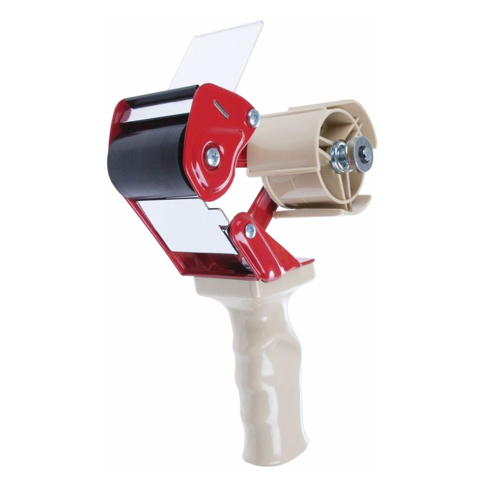 A single red and beige heavy-duty handheld carton sealing tape dispenser gun featuring a wipe-down blade and adjustable tension core on a clean white background