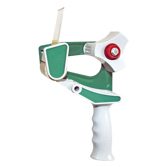 A single green and white heavy-duty handheld carton sealing tape dispenser gun with a rubber roller and adjustable tension knob on a clean white background