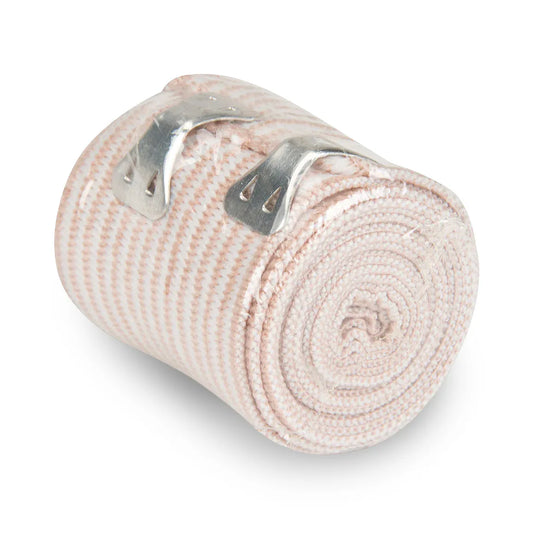 A roll of Cotton Crepe Bandage featuring integrated fabric crepe ties for manual securement and adjustable limb compression.