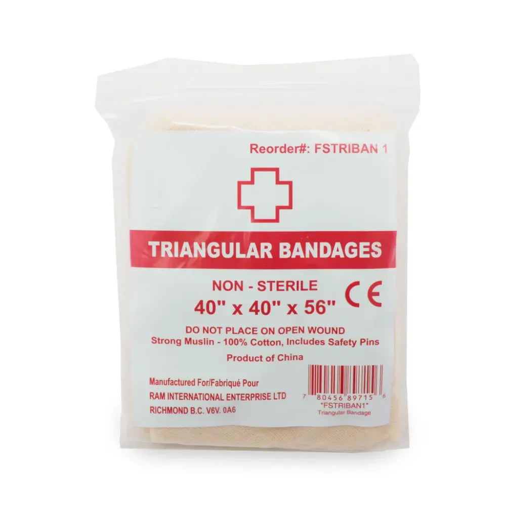 A folded Triangular Bandage with safety pins, designed for arm slings and emergency limb immobilization.