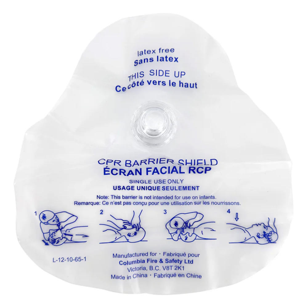Top-down view of the L-12-10-65-1 CPR face shield highlighting the integrated one-way valve and step-by-step illustrated resuscitation instructions.