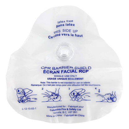 Top-down view of the L-12-10-65-1 CPR face shield highlighting the integrated one-way valve and step-by-step illustrated resuscitation instructions.