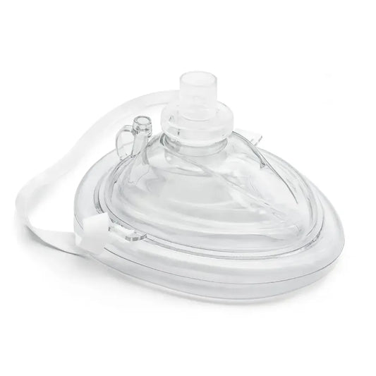 Clear CPR pocket mask featuring a one-way filter valve, oxygen inlet port, and elastic head strap for emergency resuscitation.