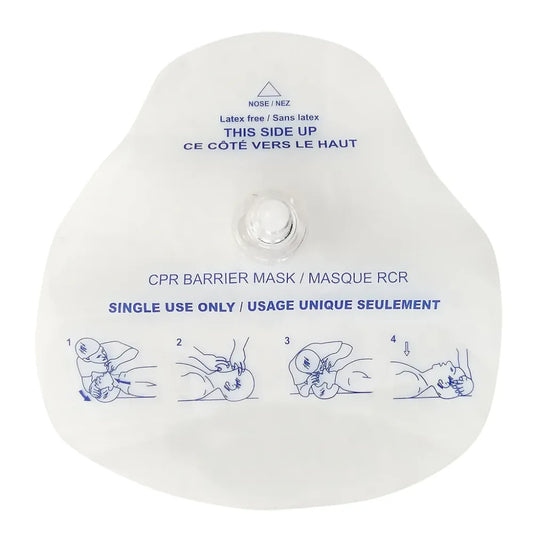 resuscitation barrier mask with one-way valve and printed instructions for safe rescue breathing.