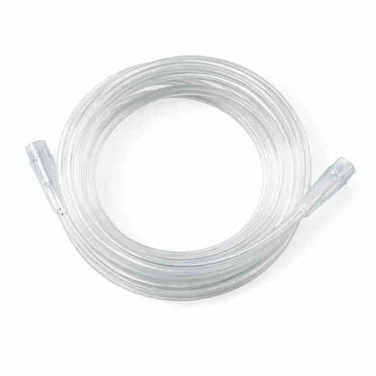 Clear, crush-resistant oxygen tubing with standard connectors for medical use.