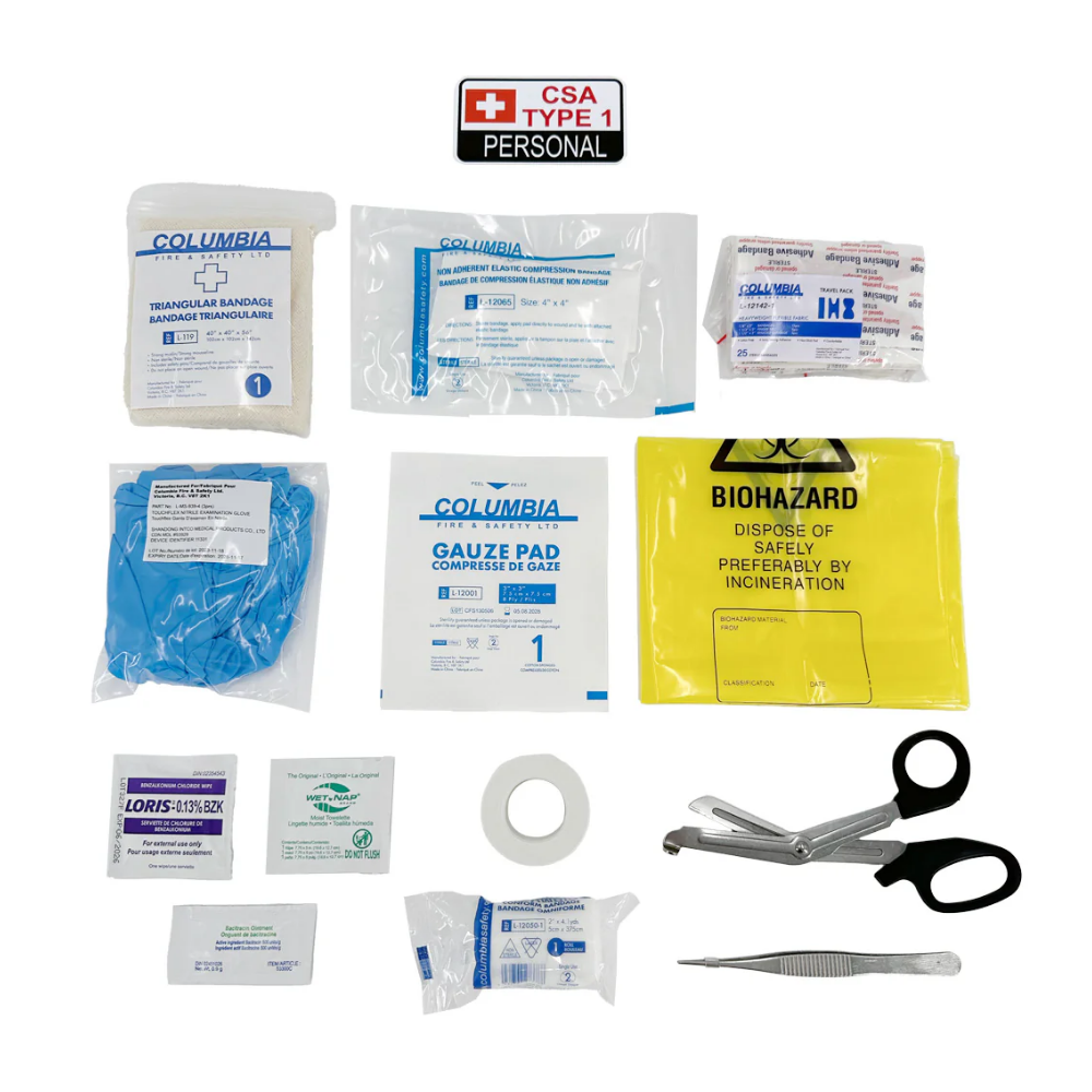 CSA Type 1 Personal First Aid Kit Red Soft Bag Open and Closed with Supplies