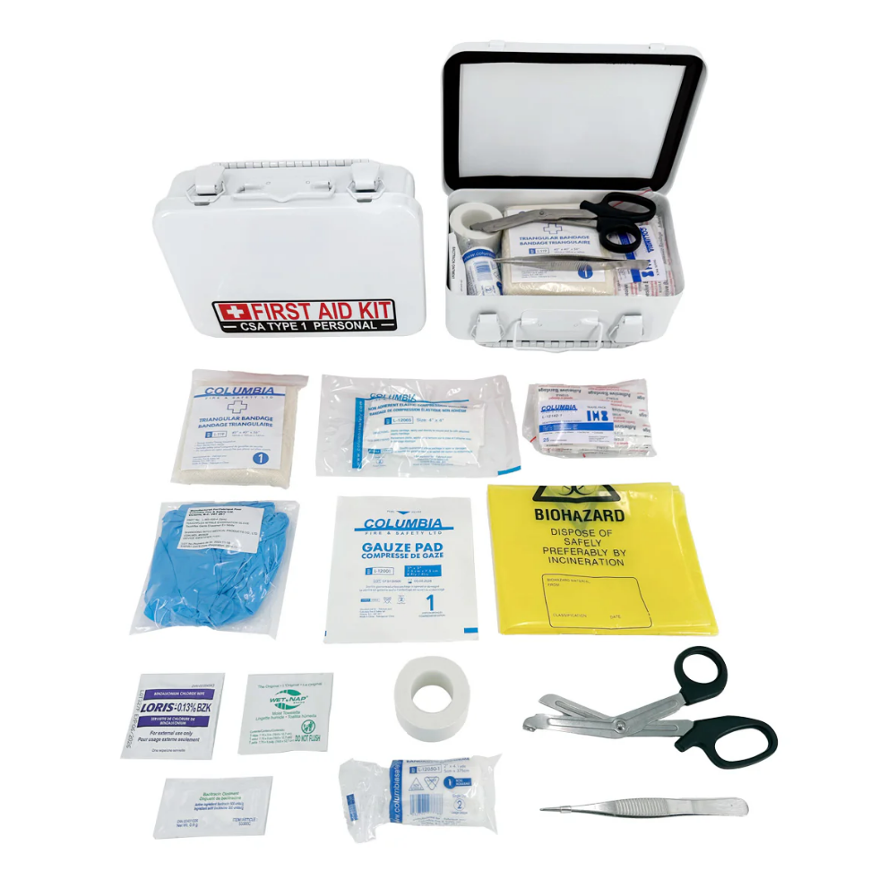 CSA Type 1 Personal First Aid Kit White Plastic Case Open with All Supplies