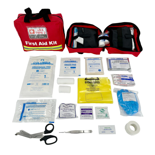 CSA Type 2 Basic Small First Aid Kit Red Bag Open with All Medical Supplies