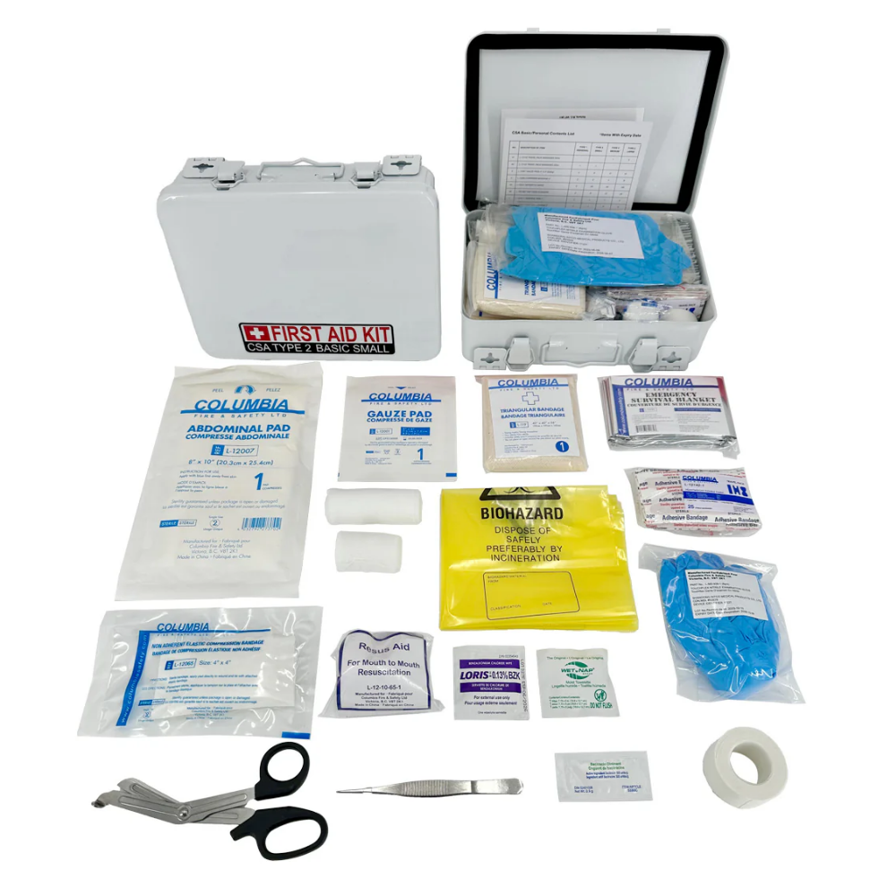 CSA Type 2 Basic Small First Aid Kit White Metal Case Open with All Supplies