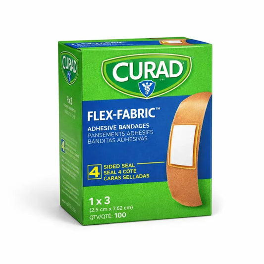 A box of 100 Curad Flex-Fabric adhesive strip bandages featuring a 4-sided seal for superior wound protection and flexible comfort.