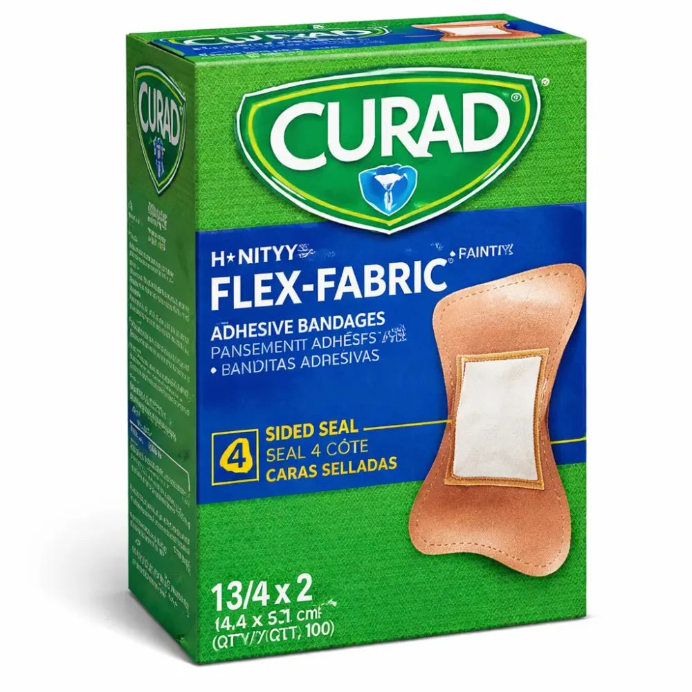 Box of 100 Curad Flex-Fabric fingertip bandages with a 4-sided seal and flexible hourglass design for secure wound protection on fingers.