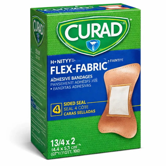 Box of 100 Curad Flex-Fabric fingertip bandages with a 4-sided seal and flexible hourglass design for secure wound protection on fingers.