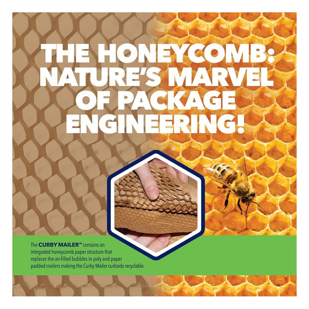 Curby Mailer honeycomb paper cushioning structure infographic showing eco-friendly recyclable packaging technology 