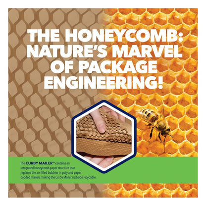 Curby Mailer honeycomb paper cushioning structure infographic showing eco-friendly recyclable packaging technology 