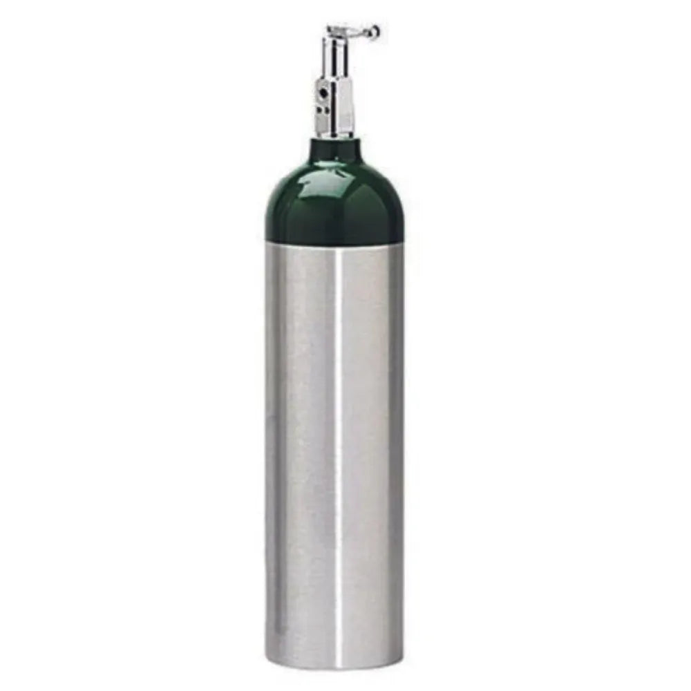 D Size aluminum oxygen cylinder with green dome for medical and emergency oxygen therapy.
