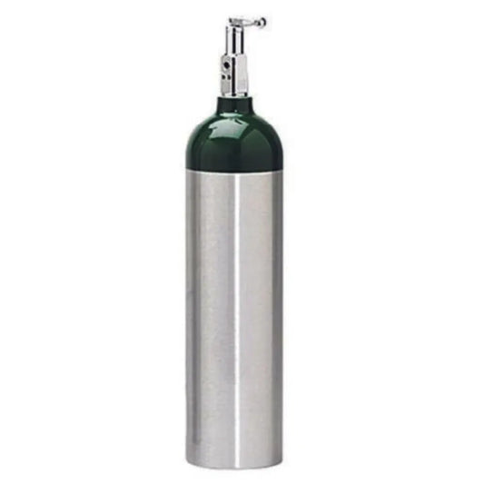 D Size aluminum oxygen cylinder with green dome for medical and emergency oxygen therapy.