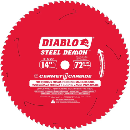 Full face view of the Diablo D1472CF 72-tooth blade designed for ferrous metals including stainless steel.