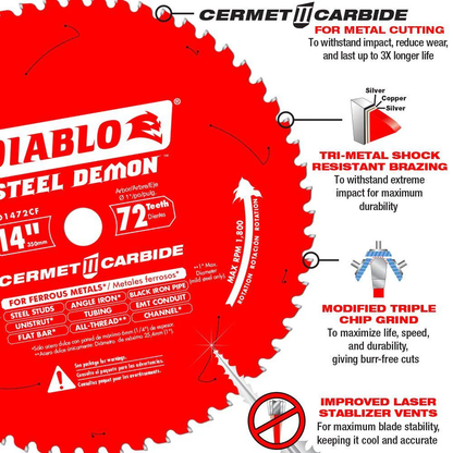 Diagram of Diablo 14" Steel Demon highlighting Cermet II carbide teeth, tri-metal brazing, and laser stabilizer vents.