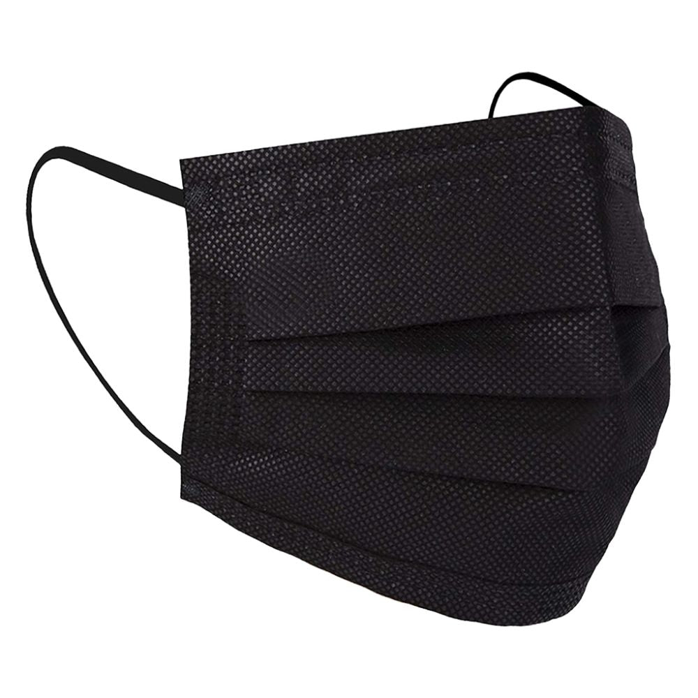 Three quarter side view of a disposable black 3-ply pleated face mask with comfortable black elastic ear loops