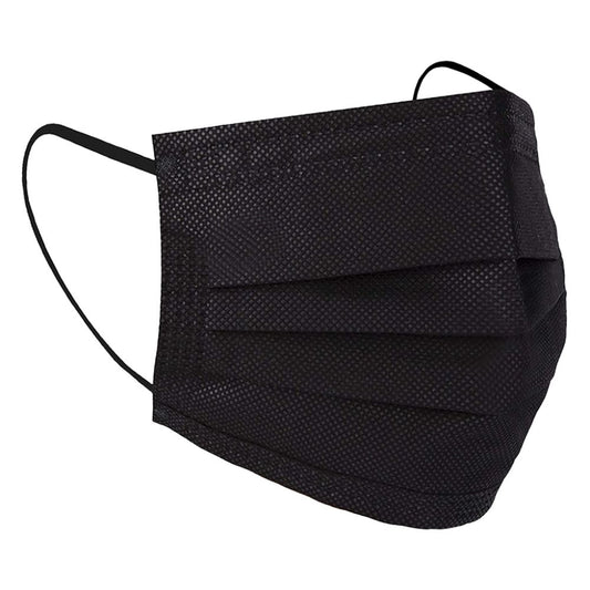 Three quarter side view of a disposable black 3-ply pleated face mask with comfortable black elastic ear loops