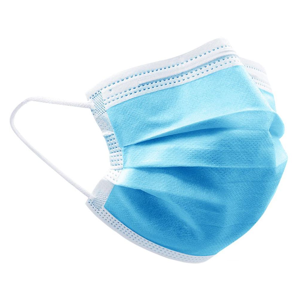 Three quarter side view of a disposable blue 3-ply pleated face mask with comfortable white elastic ear loops