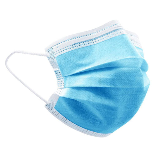 Three quarter side view of a disposable blue 3-ply pleated face mask with comfortable white elastic ear loops