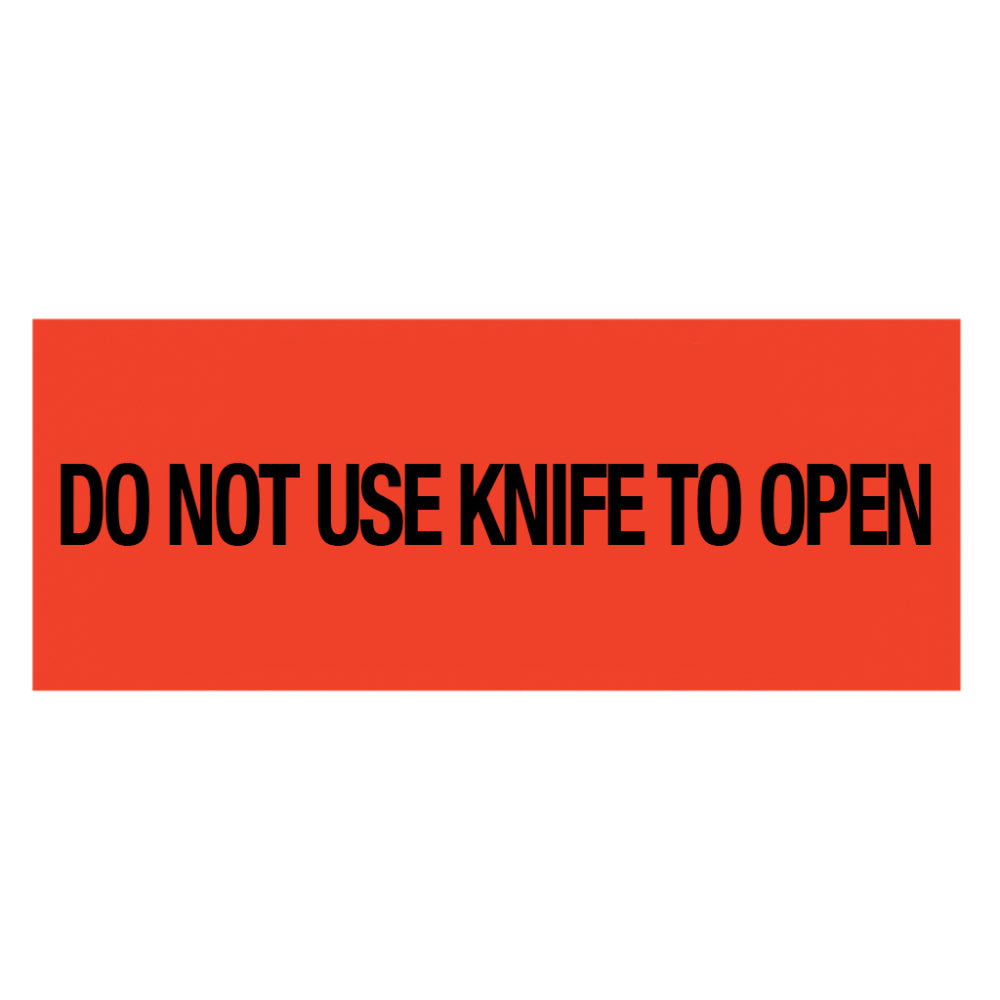 A single rectangular shipping handling warning label with a vibrant neon red background and bold black text reading DO NOT USE KNIFE TO OPEN