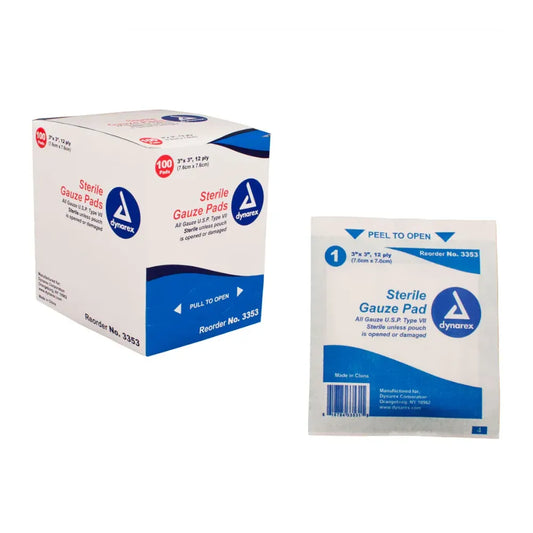 Box of 100 Dynarex sterile gauze pads, 3x3 inch and 12-ply, featuring individually wrapped peel-to-open pouches for sterile wound care.