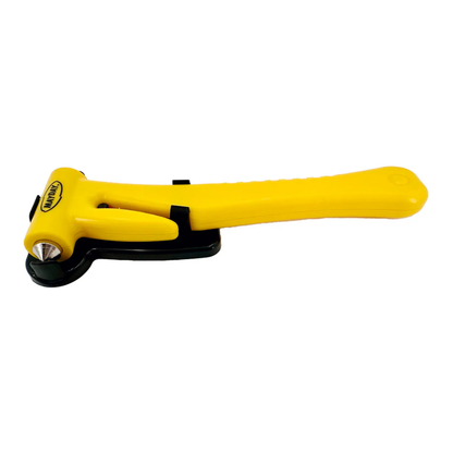 Angled view of the car escape tool showing the ergonomic grip and cutter blade.