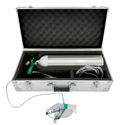The LEO N-12462 kit opened to show the included therapy mask, oxygen tubing, and the secure cylinder mounting within the shock-resistant case.