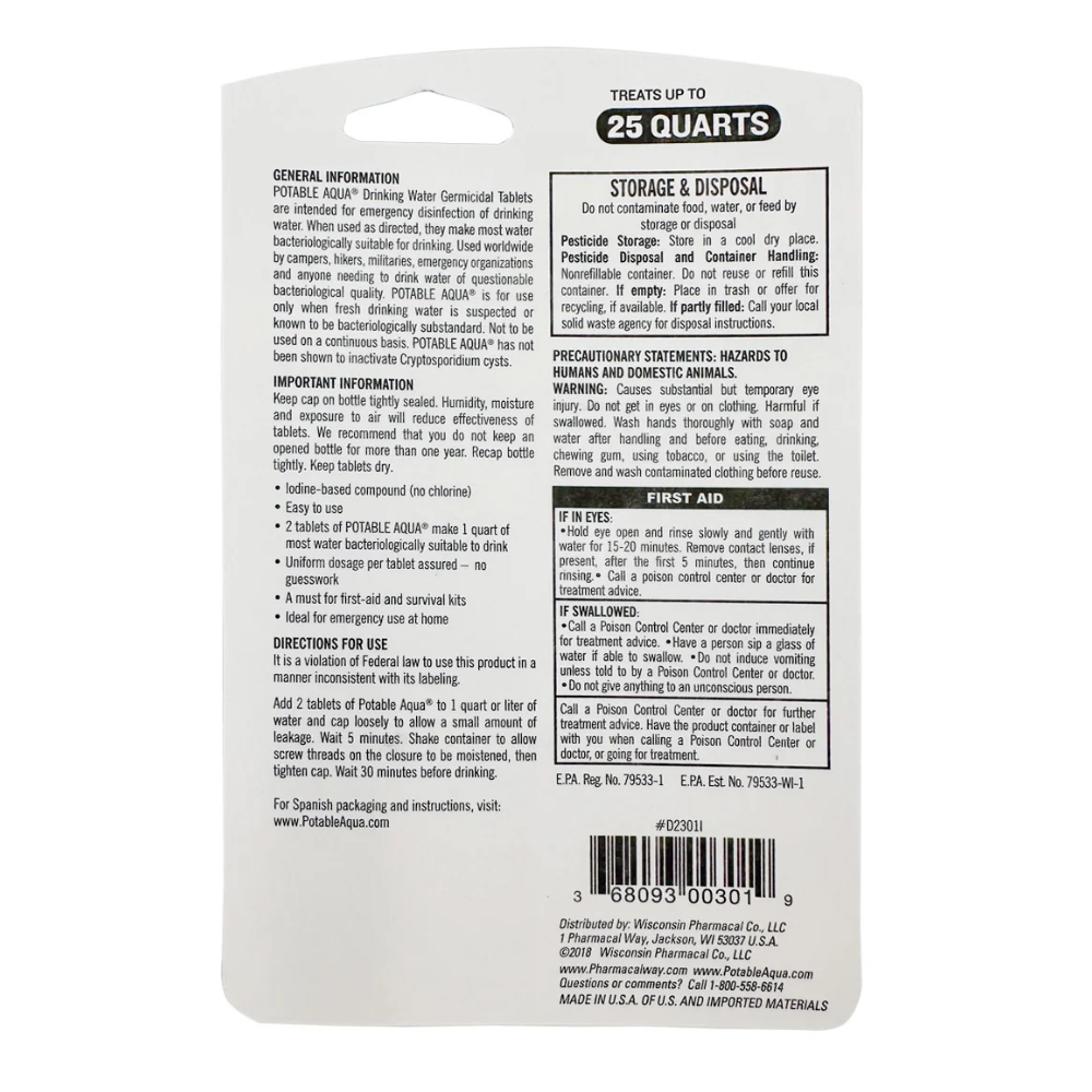 Front view of the LEO germicidal water tablet container, an essential item for disaster kits and backcountry survival to ensure safe drinking water.
