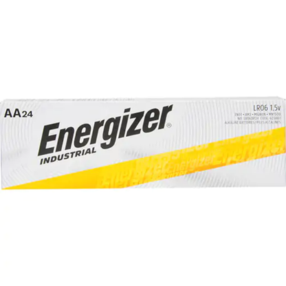 Studio shot of a 24-pack box of Energizer Industrial AA alkaline batteries, highlighting the 1.5V LR06 professional-grade power.