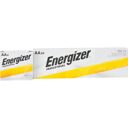 Front view comparison of Energizer Industrial AA battery packs, showing both the standard 24-count box and a smaller 4-count unit.