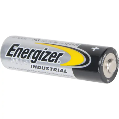A close-up profile of a single Energizer Industrial AA 1.5V battery, showcasing the silver and black professional casing designed for high-drain devices.