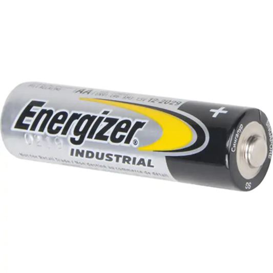 A close-up profile of a single Energizer Industrial AA 1.5V battery, showcasing the silver and black professional casing designed for high-drain devices.