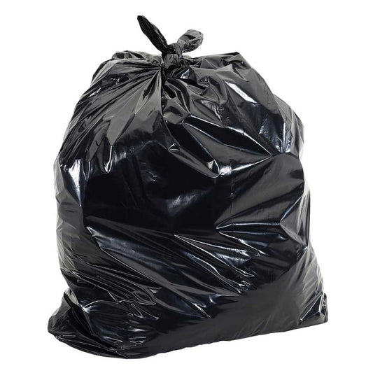 A large, durable black plastic garbage bag filled and tied securely at the top with a knot, shown against a plain white background.
