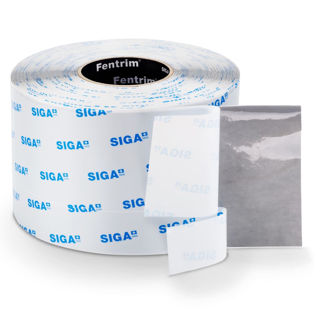 Front view of a SIGA Fentrim 230 grey window tape roll, showing the pre-folded edge, branded release liner, and robust adhesive layer.