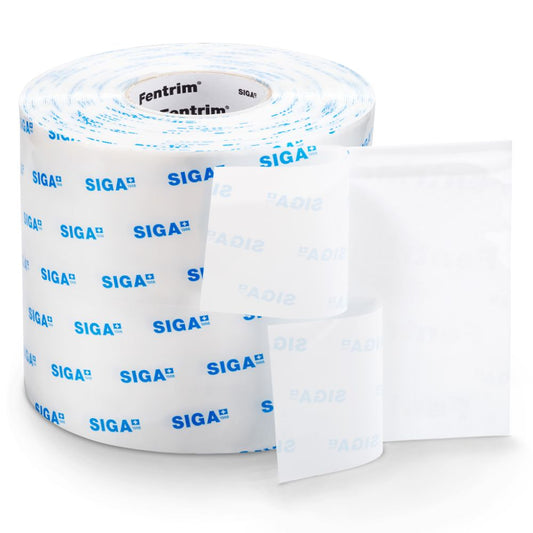 Front view of a SIGA Fentrim IS 20 white window tape roll, showing the 15/185mm pre-folded edge, branded release liner, and robust adhesive layer.