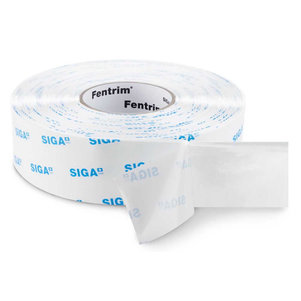 White roll of Fentrim IS 20 interior window flashing tape with a 15/60mm pre-folded edge and high-performance adhesive for airtight sealing.