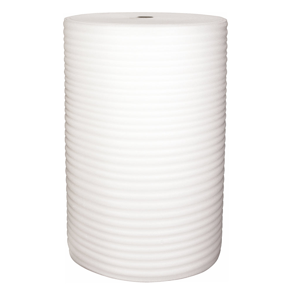 A large standing vertical roll of white polyethylene foam wrap cushioning material with a textured ribbed surface over a white background