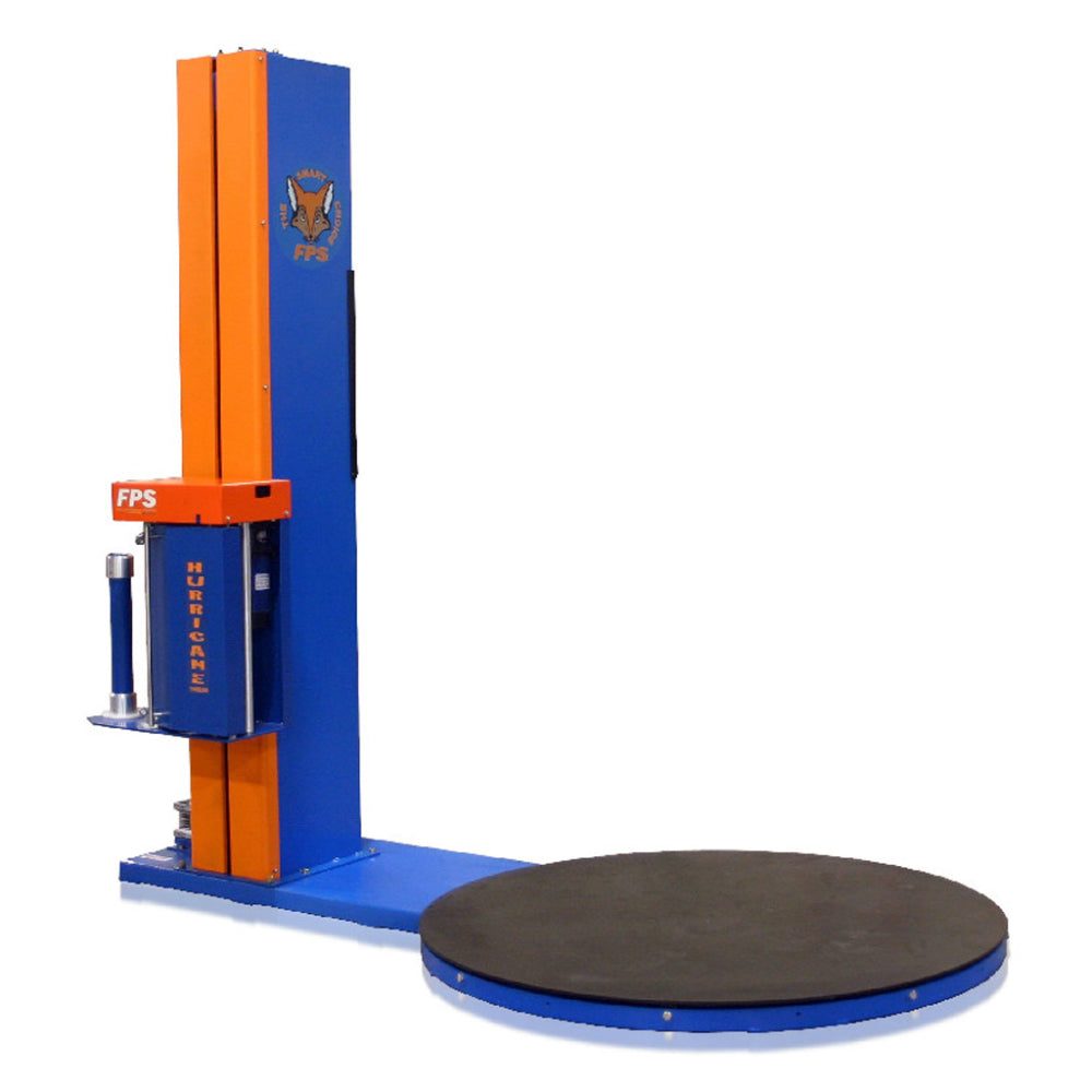 A Fox Packaging Services FPS 300 semi-automatic turntable stretch wrapper featuring a blue and orange vertical mast tower and a low-profile black rotating pallet platform